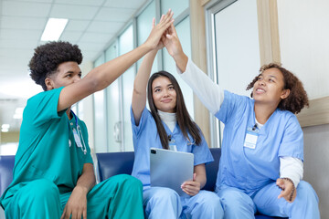 Female join hand student medicine. successful teamwork. Medical students cheering at university.