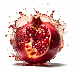 Sticker - macro shot of a fresh delicious ideal exploding juicy pomegranate with splashes of water and juice around, isolated on a white background, photorealism