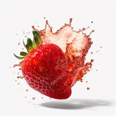 Poster - macro shot of a fresh delicious ideal exploding juicy  strawberry with splashes of water and juice around, isolated on a white background, photorealism, macro