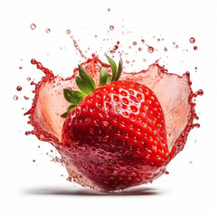 macro shot of a fresh delicious ideal exploding juicy , strawberry with splashes of water and juice 