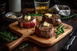 juicy grillet fillet mignon with butter on rustic wooden table with vegetables. Ai generative