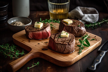 juicy grillet fillet mignon with butter on rustic wooden table with vegetables. Ai generative