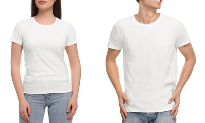 Wall Mural - people wearing casual t-shirts on white background, closeup. mockup for design