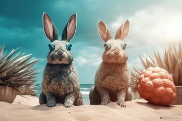 Wall Mural - a few of rabbits may be seen lounging atop the sandy beach. Generative AI Generative AI