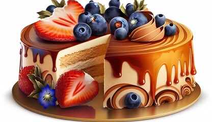 Wall Mural - Strawberry, blueberry, and almond topping atop a homemade caramel cake. Generative AI Generative AI