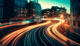 Fototapeta Londyn - motion blur of trains passing into a city