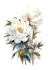 Wall Mural - Watercolor bouquet of white peonies isolated on white background. Generative AI.