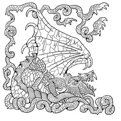 Sticker - Dragon coloring page. Fantasy illustration with mythical creature. Dragon drawing coloring sheet.	