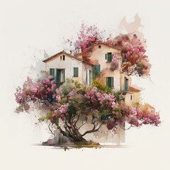 Wall Mural - Watercolor house. Old building and blooming garden. Vintage home and blossom tree, Provence, France or Tuscany, Italy. Generative ai illustration in watercolor style. Cute summer house