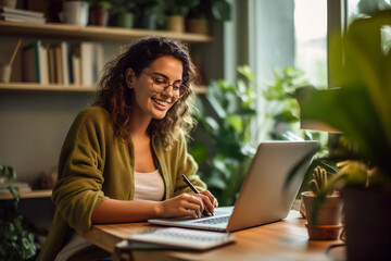 Happy young woman using laptop sitting at desk writing notes while watching webinar, studying online, looking at pc screen learning web classes or having virtual call meeting remote working from home.