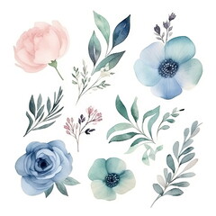 Wall Mural - Watercolor floral illustration bouquet set collection, wedding stationary, flower background