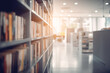 © Ignacio Ferrándiz - Learning and education concept background. Blurred public library interior space.  Defocused bookshelves with books. Generative AI
