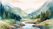 Watercolor Landscape With Mountains, Forest And River In Front. Beautiful Landscape.