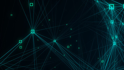 Block chain technology concept. Big data visualization. Artificial intelligence. Green network connection structure. Abstract digital background with matrix. 3d rendering.