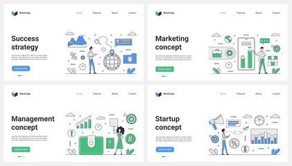 Poster - Success marketing strategy, startup management set vector illustration. Cartoon tiny people work with business report presentation on mobile phone screen, dashboard with profit growth research