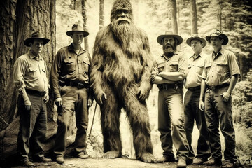 Aged historical photograph with a group of Forest Rangers and a Sasquatch. Conceptual image.