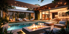 An Elegant Outdoor Living Space Featuring A Pool And Lounge Area, Showcasing A Sophisticated Design And Comfortable Ambiance