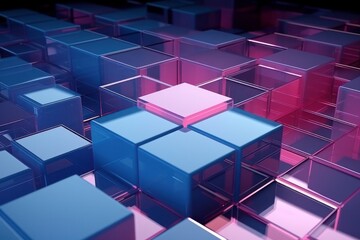 3d rendering of abstract geometric composition with cubes in pink and blue, generative Ai