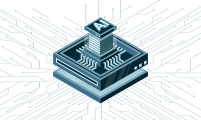 Artificial intelligence micro chip illustration. Quantum computing. Artificial intelligence computer. Isometric machine programming. Vector illustration