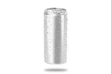 Aluminum beverage can with drops mockup isolated on white background. 3d rendering.