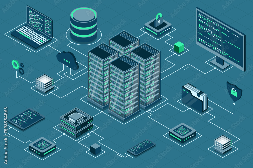 Total Computing Computer technology isometric illustration. Computation of big data ...