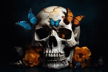 Death Bone Butterfly Halloween Art Illustration Skeleton Design Skull Flower. Generative AI. Generative AI