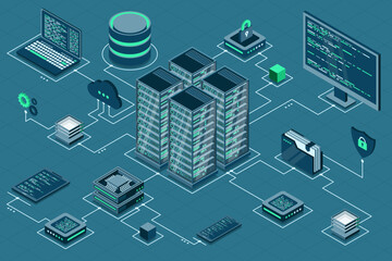 Wall Mural - Computer technology isometric illustration. Computation of big data center. Cloud computing. Online devices upload and download information. Modern 3d isometric vector illustration