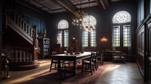 A Dining Room With A Wooden Table And A Chandelier. AI Generative. Dark Academia Style, Victorian Style Mansion Interior Design With Wooden Stairs.