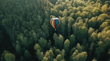 Aerial View Of A Hot Air Balloon Flying Over A Green Forest. Generative AI