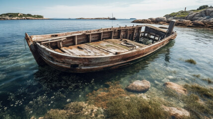  an old boat wreck lies on the shore. Generative AI