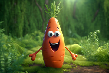 Wall Mural - Cheerful catroon carrot character with cute smile in the garden, healthy food concept. Generative AI.