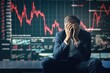  Stressed businessman sits in panic digital stock market financial background.