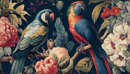 A beautiful bird colorful with seasonal spring theme. Vintage and classic retro bird illustration background for wallpaper. Generative Ai.