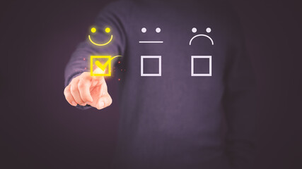 Poster - Client hand are touching the virtual screen on the happy smile face icon to give satisfaction in service. Assessment testimonial customer service and feedback, Opinion rating very impressed concept.