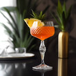 Close up of orange alcohol cocktail in a a stylish glass with pine apple slice on a dark grey table in front of the window. Trendy refreshing italian cold orange cocktail. Generative AI