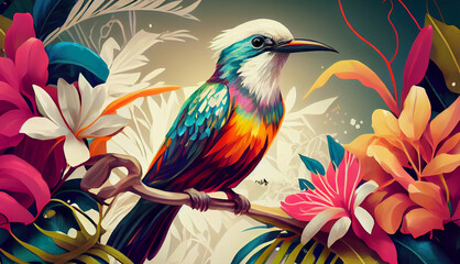 Wall Mural - A beautiful bird colorful with seasonal spring theme. Vintage and classic retro bird illustration background for wallpaper. Generative Ai.