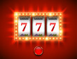 © iaroslavka - Bright lucky seven 777 slot machine. Spin button, shiny led bulbs frame on red background. Vector online casino vegas game. Gambling fortune chance web banner. Win jackpot 7, festive led bulb light