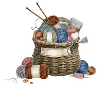 Watercolor Сolorful Balls Of Wool Yarn And Knitting Wooden Needles In A Wicker Basket On A White Background. Still Life, Handcraft Knitting Logo Design. Vintage Style