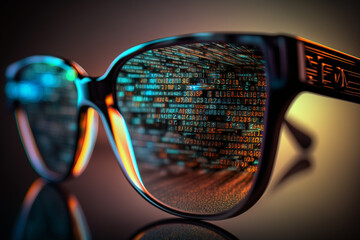 Cyber technology concept with programmers glasses reflecting developers code. Generative AI illustration