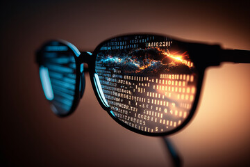 Cyber technology concept with programmers glasses reflecting developers code. Generative AI illustration