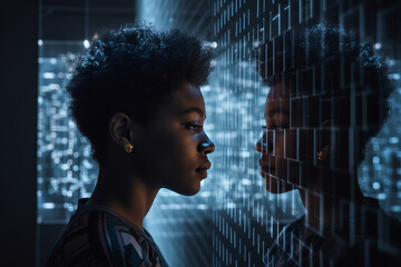 Person looking at a digital Artificial intelligence version of themselves. Deep fake. Generative ai Generative AI