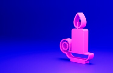 Wall Mural - Pink Burning candle in candlestick icon isolated on blue background. Cylindrical candle stick with burning flame. Minimalism concept. 3D render illustration