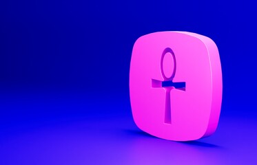 Poster - Pink Cross ankh icon isolated on blue background. Egyptian word for life or symbol of immortality. Minimalism concept. 3D render illustration