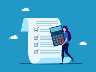 Woman holding a calculator with checklist documents. Accounting and Financial Planning vector