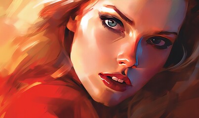 Wall Mural - Young Attractive Amazing Woman in Red Face Portrait Digital Colorful Illustration Artwork