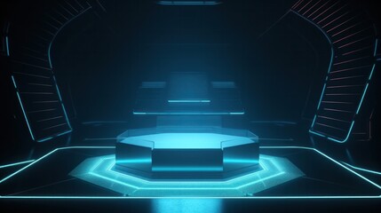 Wall Mural - Empty podium in a futuristic room with holographic displays and neon light in the background. Generative AI.