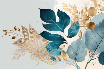  Abstract art botanical background. Luxury wallpaper with sky blue, green and gold prints wall decoration.