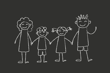 Wall Mural - Family - little girl and boy holding hands with mother and father. doodles are drawn by a child's hand with chalk on asphalt or on a school board.