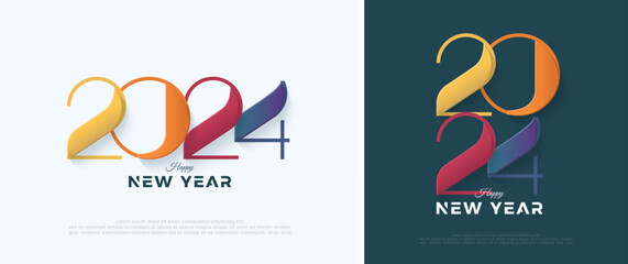 Wall Mural - Happy New Year 2024 Colorful Design. With a unique number in the white background. Premium Vector Illustration to Banner, Poster, Calendar and Happy New Year 2024.