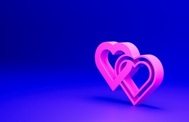 Poster - Pink Two Linked Hearts icon isolated on blue background. Romantic symbol linked, join, passion and wedding. Valentine day. Minimalism concept. 3D render illustration